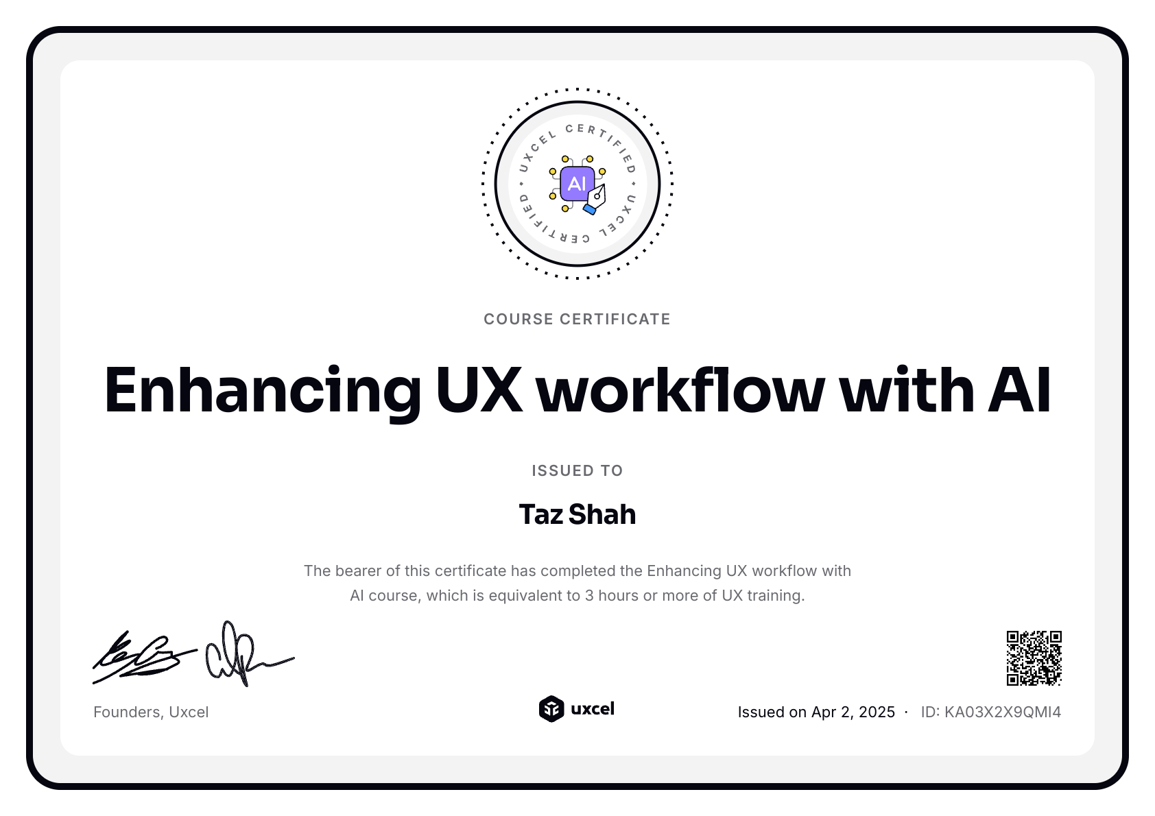 Taz Shah's certificate